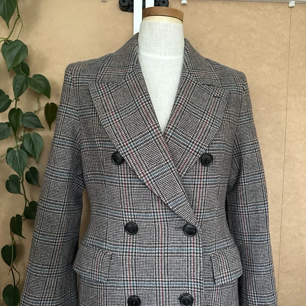 UNIQLO Ines de la Fressange IDLF Double Breasted Plaid Tweed Coat M Wool New - Picture 3 of 14
